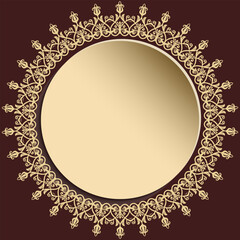 Round vector frame with floral elements and arabesques. Pattern with arabesques. Brown and golden greeting card