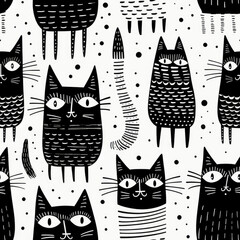Cat zentangle doodle black and white monochrome repeat pattern
