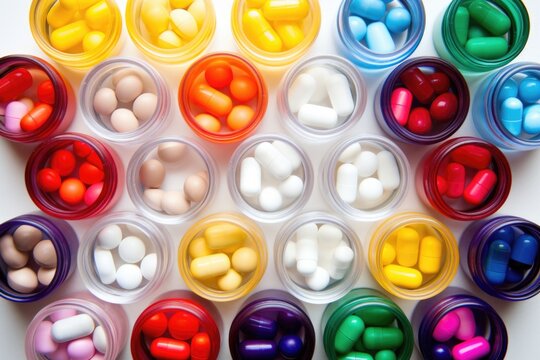 top view of multiple pill bottles with various colored lids