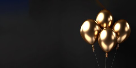 Gold colored balloons on black background. Generative AI