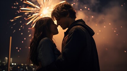 a touching moment of a couple sharing a New Year's kiss as fireworks burst overhead - obrazy, fototapety, plakaty