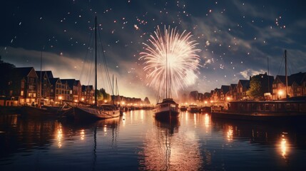 the reflective shimmer of fireworks on a serene city river with boats floating gently - obrazy, fototapety, plakaty