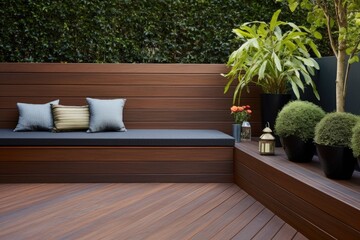 a corner of a deck showcasing built-in bench seating