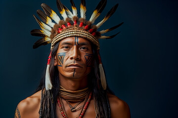 Amerindian Wearing Traditional Clothing And Headwear. Native Indigenous American Indian Man Portrait. Ai Generated
