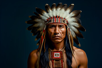 Amerindian Wearing Traditional Clothing And Headwear. Native Indigenous American Indian Man Portrait. Ai Generated
 - obrazy, fototapety, plakaty