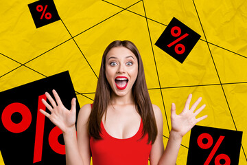 Retro creative artwork template collage of smiling impressed lady exciting big shopping sale...