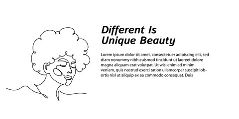 Continuous line art. Woman afro model different is unique beauty minimalist design for web banners, advanced pages, simple for business and beauty purposes. Editable strokes