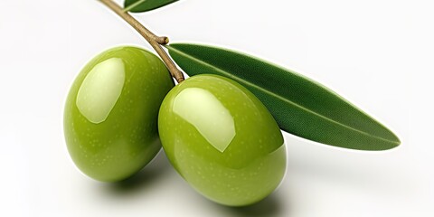 Close-up photo of olives with fresh, green leaves on a white background. Generative Ai