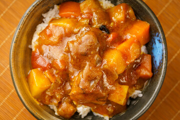 Special fast food curry rib rice and ingredients