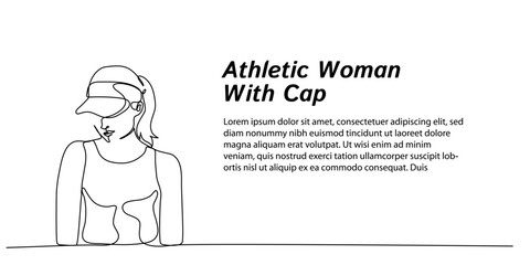 Continuous line art.Athletic woman with cap . Hand drawn minimalist design for web banners, landing pages, simple for business and beauty salon purposes. Editable stroke