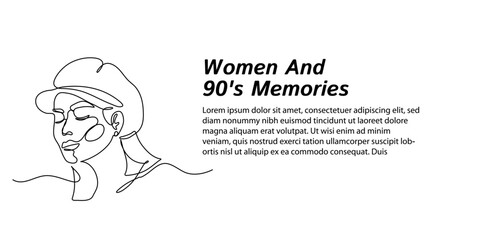 Continuous line art. Women and 90s memories. Hand drawn minimalist design for web banners, landing pages, simple for business . Editable stroke