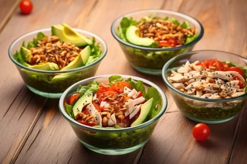 Fotobehang freshly-prepared salads with chicken, avocado and seeds © altitudevisual
