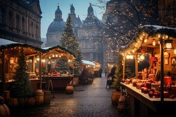 Gemütlicher deutscher Weihnachtsmarkt auf einem festlich dekorierten Marktplatz - obrazy, fototapety, plakaty