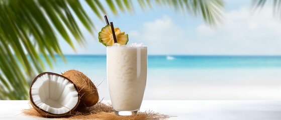Erfrischender Pina Colada Cocktail mit Kokosnuss am Pool