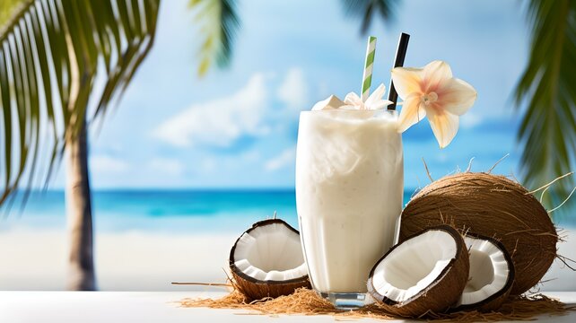 Tropischer Pina Colada Cocktail mit Kokosnuss und Sonnenschein
