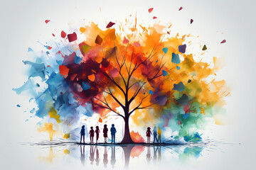 Silhouettes under tree with colorful splashes with abstract background, showing group of friends understanding and care towards a person with autism.