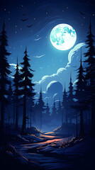 Full moon behind forest illustration background