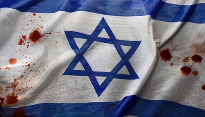 Israel's blood-stained flag waving in the wind, with ripples in the fabric