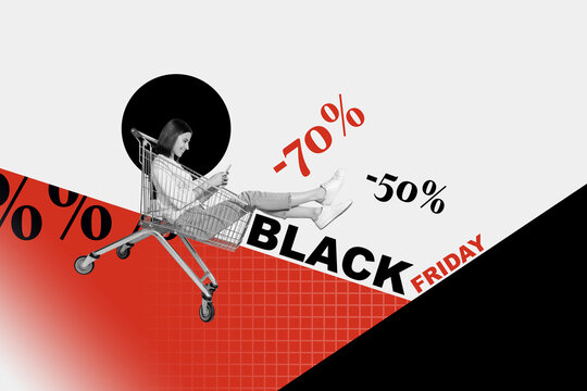 Creative banner collage of young funny girl lying in supermarket cart add to her basket online more products isolated on white background