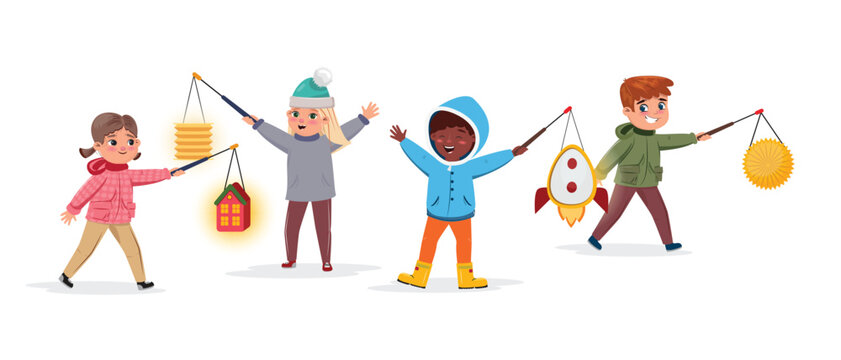 Four cute little children walking with glowing lantern for Saint Martin day