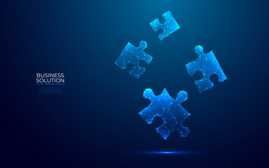 Digital puzzle. Abstract jigsaw.Business solution concept. Technology puzzle pieces on dark blue background in futuristic low poly wireframe style with blue hologram visual effect. Vector illustration