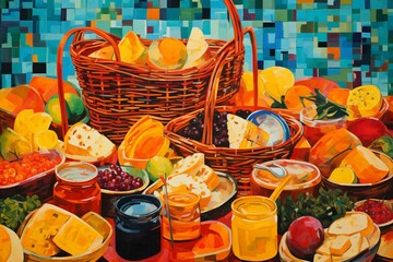 Abstract painting depicting various food items arranged in baskets against a vibrant background. Generative AI