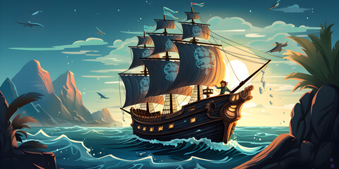 Pirates ship in the ocean illustration background - obrazy, fototapety, plakaty