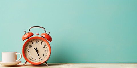 Vintage alarm clock and cup of hot coffee on the uniform pastel backdrop with a copy space....