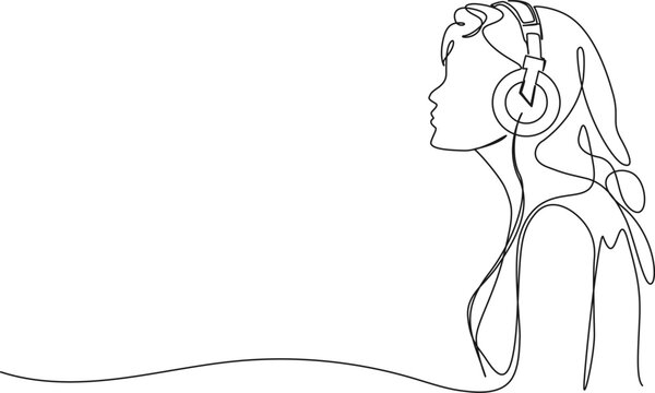 continuous single line drawing of young woman wearing headphones listening to music, line art vector illustration