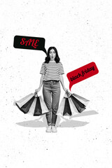 Vertical billboard collage funny excited cute young woman holding much bags full clothes cause by...