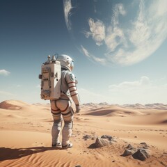 Astronaut, explorer of space standing on planet with moon, sand and blue sky. Concept of science, planets, outer space