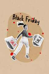 Vertical advertisement black friday concept collage of running far away with sale print on shopping...