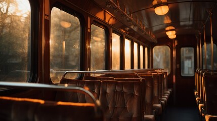 Inside of old-fashioned, retro train. Vintage salon with leather sits and wooden materials. Sunset drive - obrazy, fototapety, plakaty