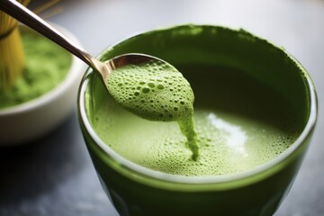 close-up of a spoon stirring a healthy green smoothie - obrazy, fototapety, plakaty