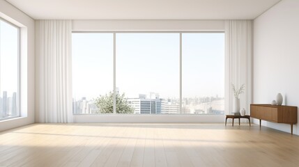 Empty modern room with white walls and big windows, minimalist interior design in luxury apartment