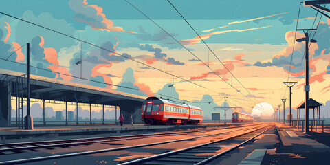 Illustration background of railway train station - obrazy, fototapety, plakaty