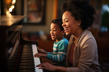 A mother and her child bond over a joyful piano lesson where they learn and play music together, creating a heartwarming moment of togetherness and happiness.