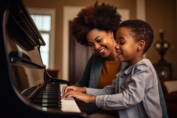A touching image of a mother and her little son playing the piano together, highlighting the joy of their musical connection and love. - obrazy, fototapety, plakaty