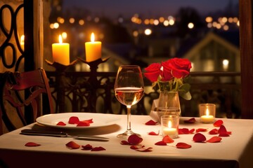 Valentines day table place setting with roses, candlelight in night city. Romantic dinner at cafe.