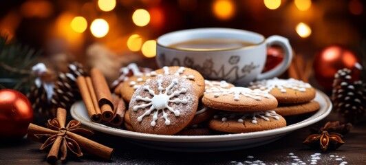 Obraz na płótnie Canvas Tasty Christmas gingerbread cookies to celebrate the season. Merry Christmas composition with coffee and a hint of cinnamon. Horizontal banking background for web. Photo AI Generated