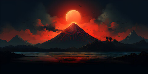 Volcano illustration background at sunset - obrazy, fototapety, plakaty