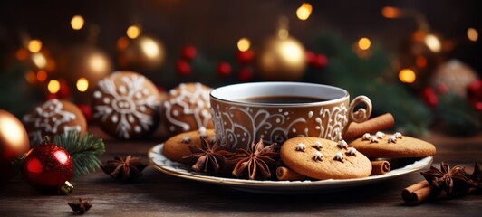 Obraz na płótnie Canvas Range of Christmas gingerbread cookies to make your Christmas awesome. Christmas cookies, a cup of coffee with cinnamon. Horizontal banking poster background for advertisement. Photo AI Generated