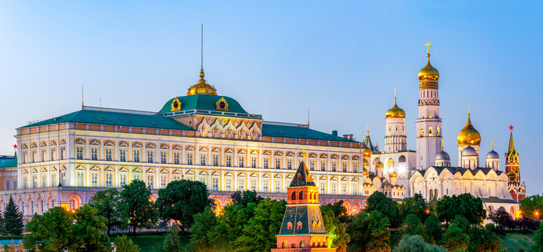 Grand Kremlin palace and towers of Moscow Kremlin at sunset, Russia