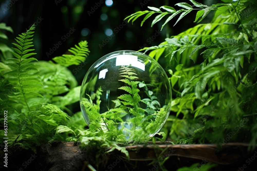 Wall mural glass globe surrounded by green leaves