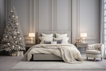 Modern bright gray bedroom with Christmas tree . Mock up at the wall. Copy space. Luxury hotel for romantic winter weekend. - obrazy, fototapety, plakaty