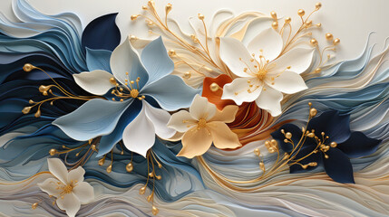Silver and Gold Petals: 3D Watercolor Abstraction - Generative AI - obrazy, fototapety, plakaty