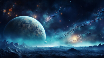 Fototapeta na wymiar Panorama of a galaxy planets and stars
