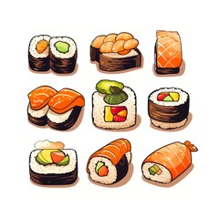 Cartoon illustration of set of sushi isolated on white background.
