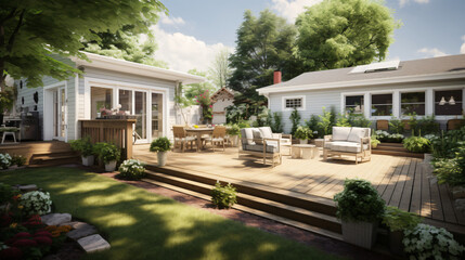 Amazing newly renovated backyard featuring a beautiful house - obrazy, fototapety, plakaty