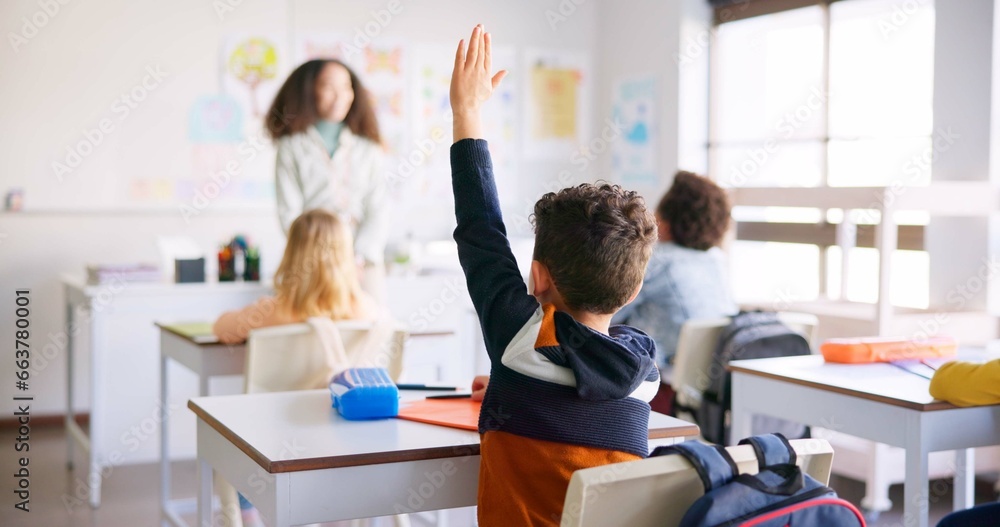 Poster education, question and teacher with boy in classroom for learning, discussion and knowledge. help, 